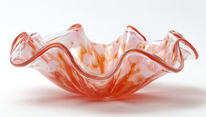 A shallow, scalloped glass bowl with a clear base and translucent coral and white marbling; the rim is outlined in clear glass