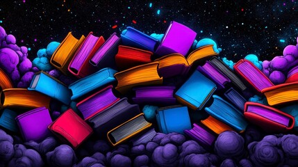 A vibrant collection of colorful books piled together amid a cosmic backdrop showcasing the universe's enchanting beauty