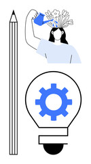 Woman watering her head with flowers blooming, a tall pencil, and a lightbulb with a gear inside. Ideal for creativity, innovation, growth, learning, problem-solving, productivity education simple