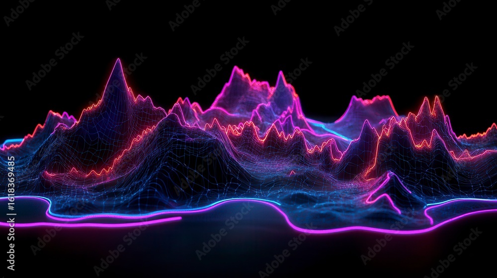 Poster vibrant neon mountain range with flowing lines and luminous peaks creating a surreal digital landsca