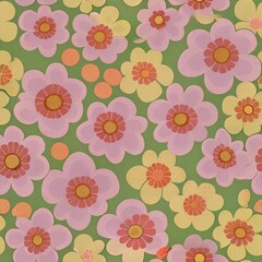 Retro flower power pattern featuring pastel pink and yellow flowers with orange accents on a green background evokes a 1960s or 1970s aesthetic, creating a vibrant and cheerful feel  flowers, flower, 