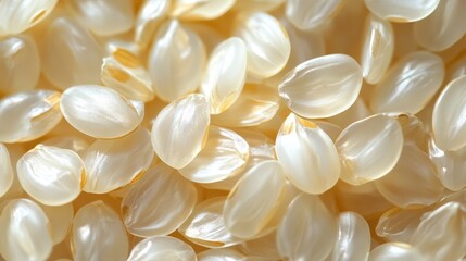 Close-up of shiny white corn kernels on display