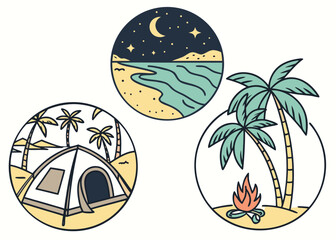 Icon Set Inspired by Beach Camping with Tents, Campfire, Palm Trees, Ocean, Moon, and Stars