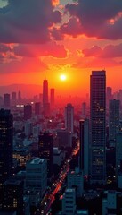 Naklejka premium Golden hour sun dips below skyscrapers, painting Tokyo skyline in fiery hues , image, night, colors