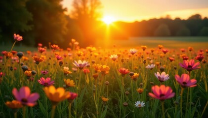 Golden hour sun illuminates vibrant wildflowers, spring meadow sunset, idyllic, light, pink
