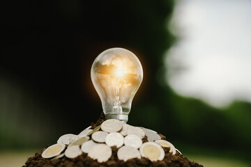 A glowing light bulb sits on a pile of coins and soil, symbolizing innovation, investment,...
