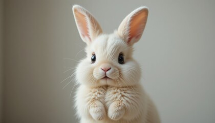 Obraz premium A creamcolored rabbit with long ears holding its paws up against a muted background