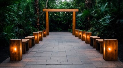Obraz premium Elegant outdoor wedding ceremony setup featuring wooden archway and illuminated benches surrounded by lush greenery