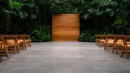 A serene wedding ceremony setting surrounded by lush greenery and wooden elements designed for a romantic atmosphere