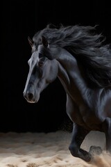 Obraz premium Majestic black horse galloping on sand with flowing mane