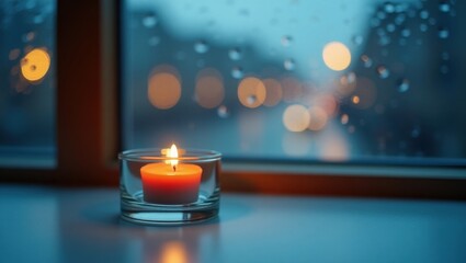 Candlelight Glow by Rainy Window on a Quiet Evening