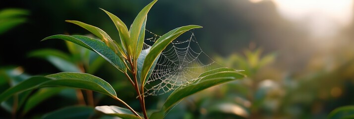 Morning dew on spider web among lush green leaves in a serene natural setting