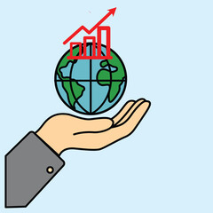 The image of a hand holding the earth with a red growth chart on it symbolizes global business success and economic sustainability internationally.