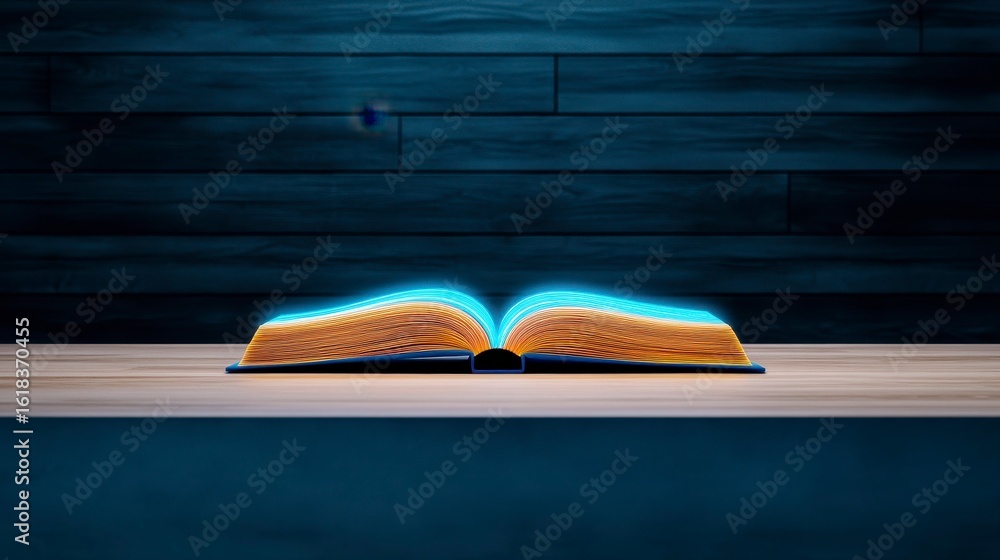 Poster an illuminated open book casting a glowing light in a dark setting, creating an aura of knowledge an