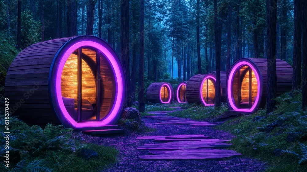 Poster a tranquil evening scene featuring illuminated round cabins nestled in a serene forest surrounded by