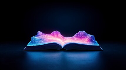 An imaginative science fiction concept featuring a glowing open book emitting vibrant cosmic colors and abstract shapes that resemble a mountain range