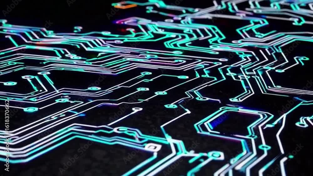 Poster intricate circuit board illuminated with vibrant lights, symbolizing technological advancement and i