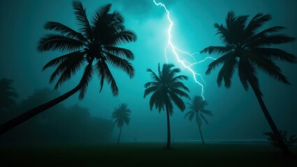 Tropical Storm with Lightning Striking Palm Trees Dark and Dramatic Weather