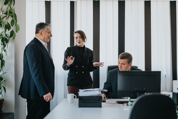 A group of business professionals engaging in a discussion at the office. The scene conveys...