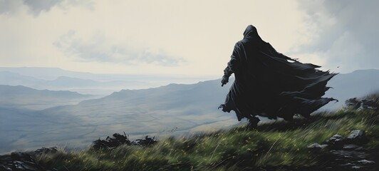 A haunted gothic thief perched on a wind-swept hill art, generative ai