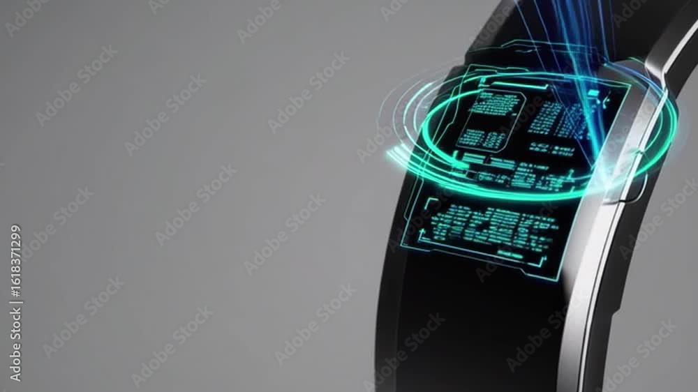 Poster futuristic smart watch with illuminated digital interface, showing connected technology