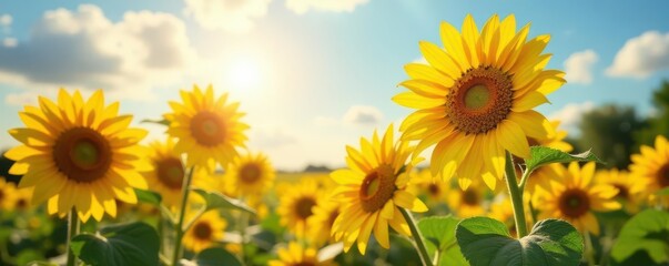 Golden sunflowers bask in summer sun, vibrant petals reaching for the sky , august, floral