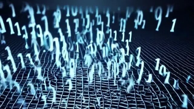 Digital binary code flowing on a futuristic grid with dynamic effect