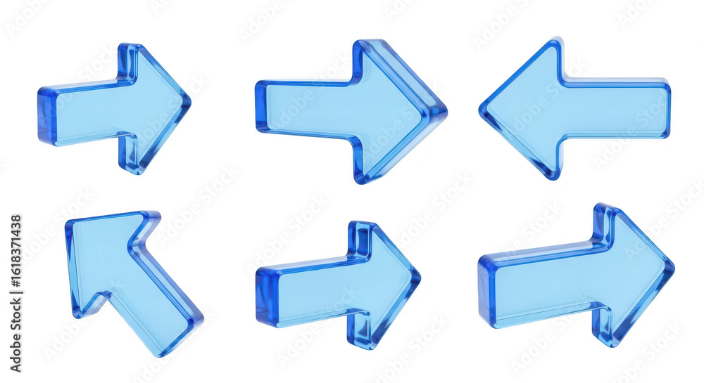 Poster blue translucent arrows pointing different directions on a white background used for navigation and 