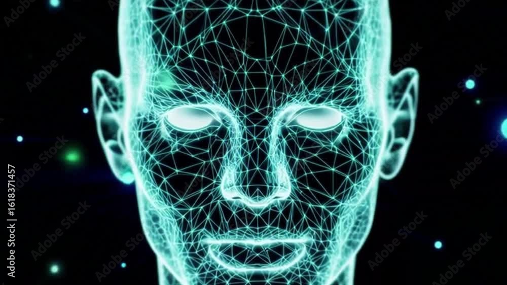 Poster a digital rendering of a human head formed from interconnected lines against a dark backdrop, sugges