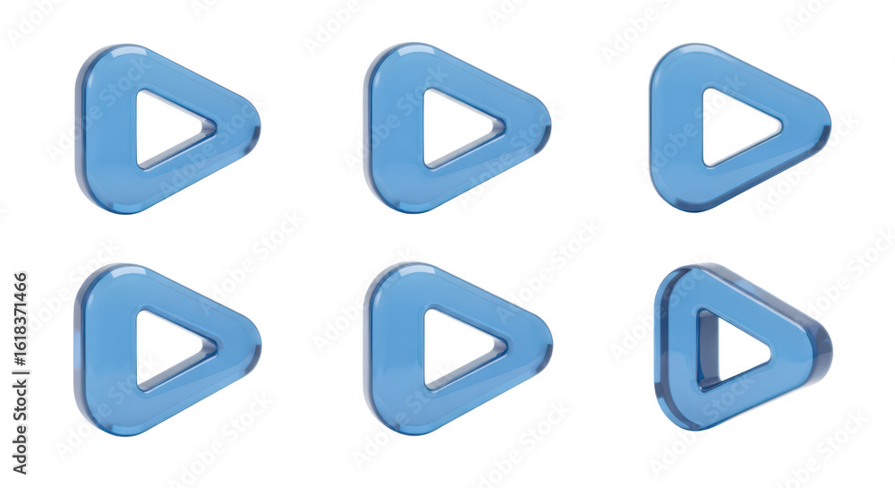 Poster six 3d blue glassy play buttons arranged on white background representing multimedia controls for di