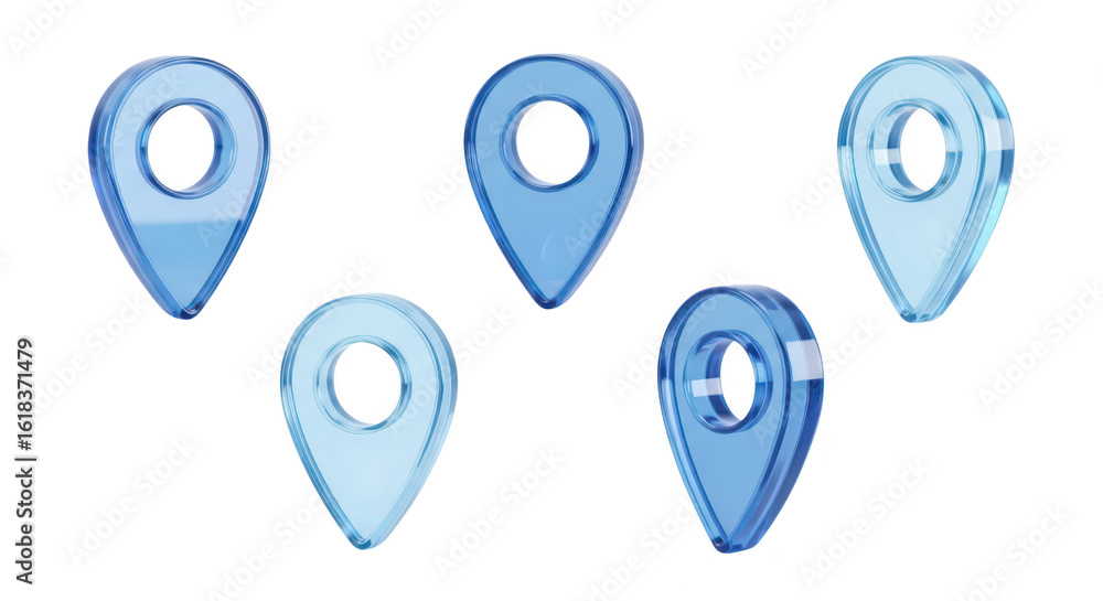 Poster 3d blue map pins scattered on a white background representing location navigation and travel