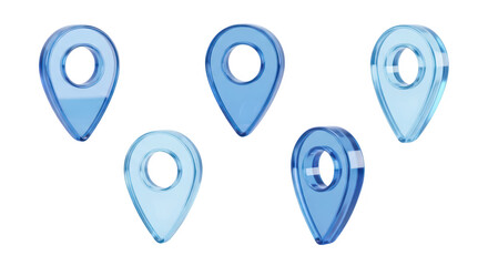 3D blue map pins scattered on a white background representing location navigation and travel