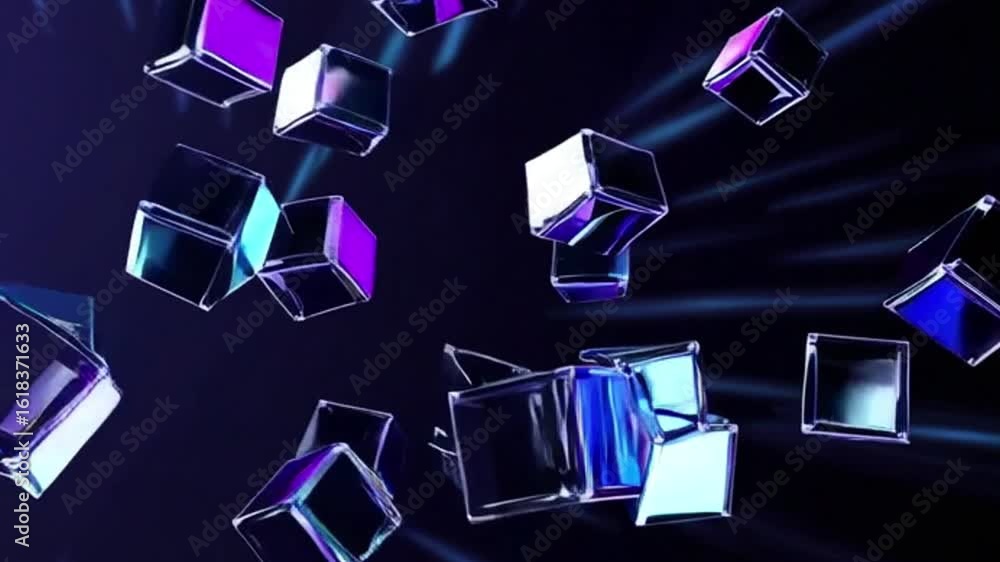 Poster floating cubes in a digital futuristic space with cool lighting effect, creating a sense of movement