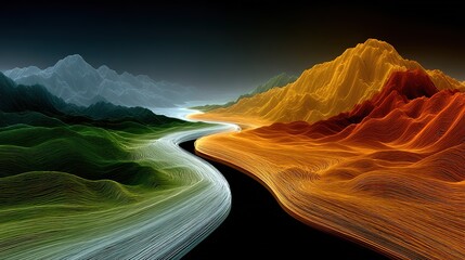 Abstract neon digital landscape with flowing lines and geometric shapes in fiber-optic tunnel. Dynamic cyberspace background conveying speed and movement.  