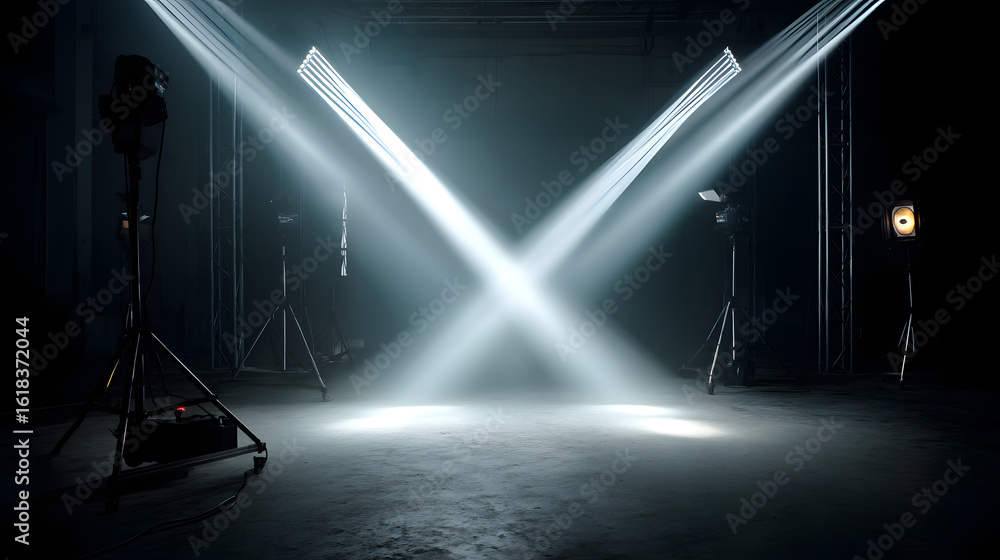 Poster illuminated stage: a captivating, empty stage, dramatically lit with converging beams of light, crea