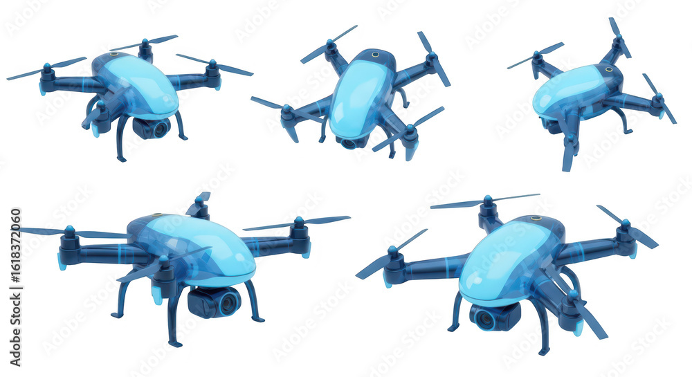 Poster a collection of different views of a blue drone isolated on a white background showcasing its design