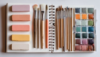 Flatlay of art supplies pastels, brushes, and watercolors neatly arranged on a sketchbook