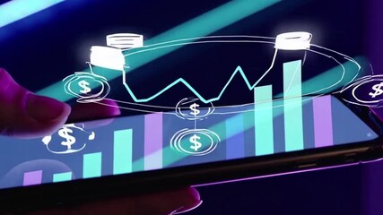 A close-up shot of a person's hand holding a smartphone with financial graphs and data visualizations. The image captures the essence of modern finance, digital trading. - Powered by Adobe