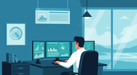 Financial Analyst Working On Multiple Screens With Data Graphs