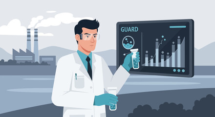Scientist Analyzing Industrial Pollution Data With Test Tubes And Screen