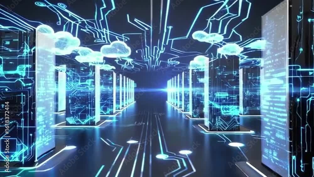 Poster futuristic data center representing cloud computing and digital information storage. the network pat