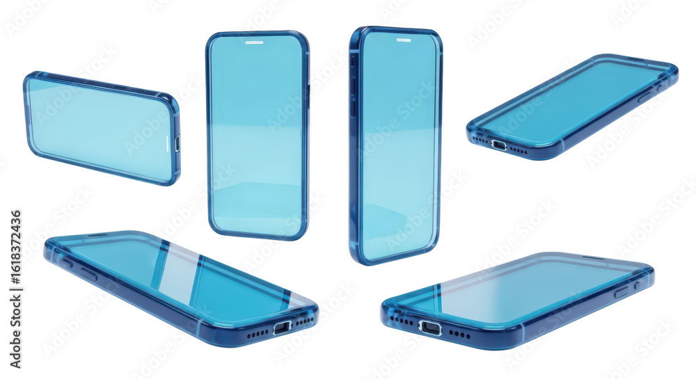 Poster rendered mockups of a sleek transparent smartphone in various angles against a bright white backdrop