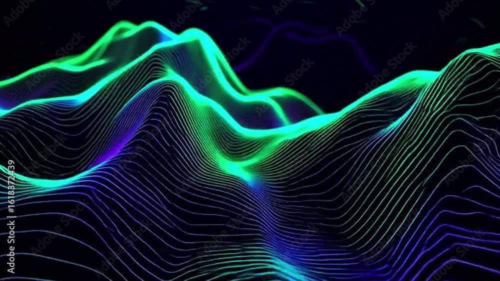 Poster abstract digital landscape of colorful waves. this abstract landscape features a captivating display