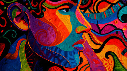 Vibrant Psychedelic Portrait: A kaleidoscopic explosion of color paints a captivating face, where every hue dances with emotion, reflecting the depths of thought and feeling. 