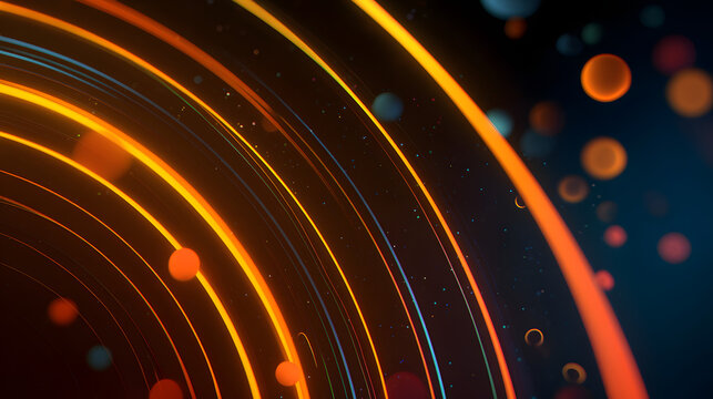 Abstract Circular Light: A vibrant abstract art piece featuring glowing orange concentric circles intertwined with floating spheres on a dark background, exuding a sense of dynamism and energy.