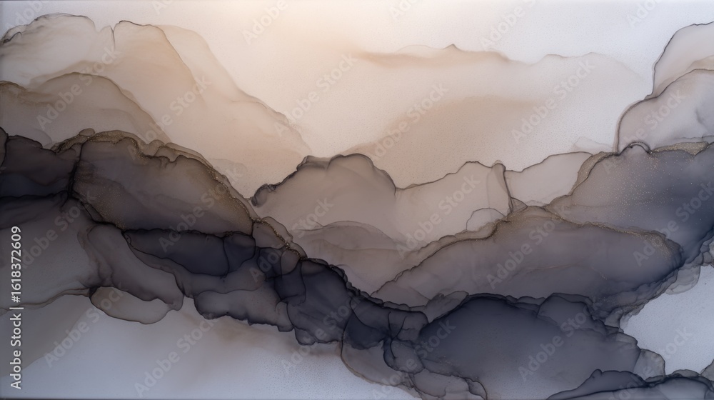 Poster abstract composition with overlapping layers of smokelike shapes in various shades of gray suggestin