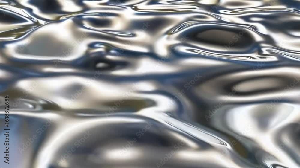 Poster abstract metallic wavy surface, creating a mesmerizing reflective texture and liquid metal appearanc