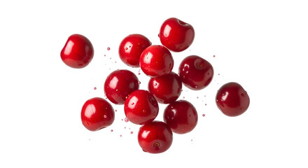 Fresh Cherries Float with Water Droplets on Transparent Background, Delicious Fruit, Healthy Food
