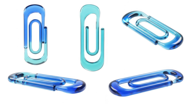 Close-up of multiple blue glass paperclips on white showcasing transparent stationery for design or education