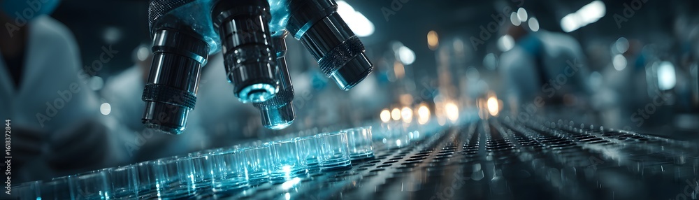 Poster a close-up view of a microscope examining test tubes in a lab, showcasing advanced scientific resear